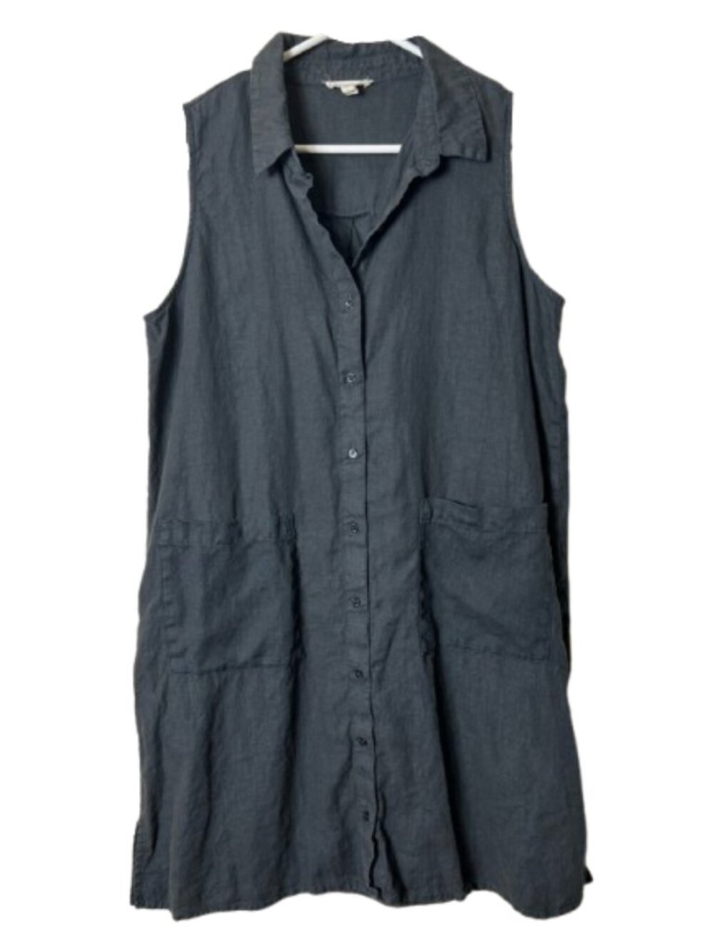 Eileen Fisher gray 100% organic linen button front sleeveless dress M petite
